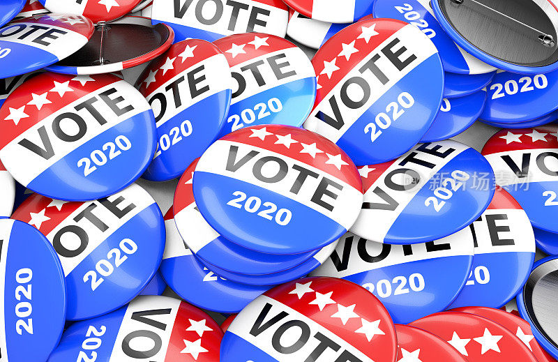 2020年投票选举徽章按钮，2020年投票USA, 3D渲染